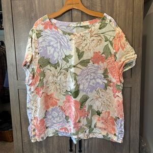 Joie 2X Linen Multicolor Floral Top Short Sleeve